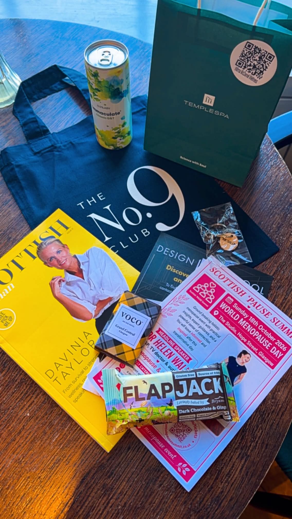 A No.9 Club goodie bag and gifts from the Wealth and Wellbeing gathering